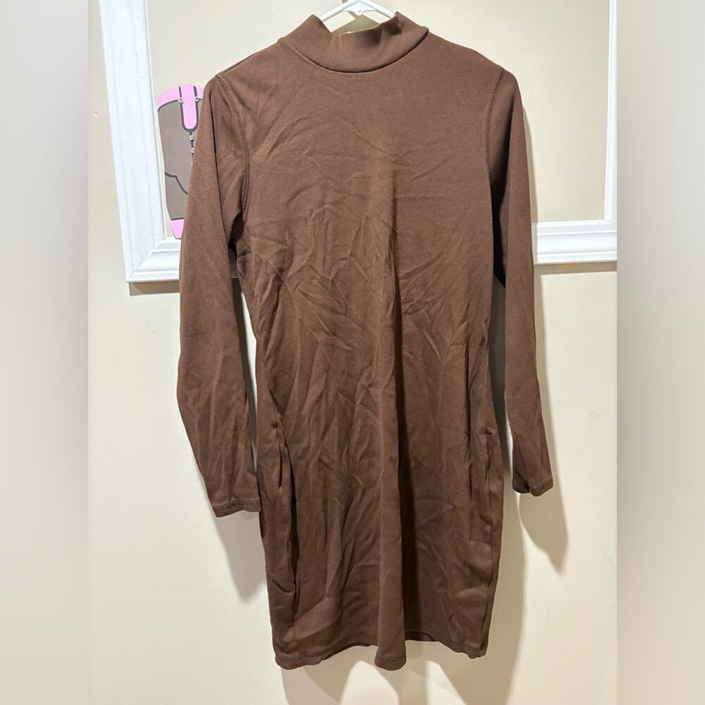 Old Navy Ribbed Mock Neck Long Sleeve Dress Casual Brown Tunic Mini‎ L